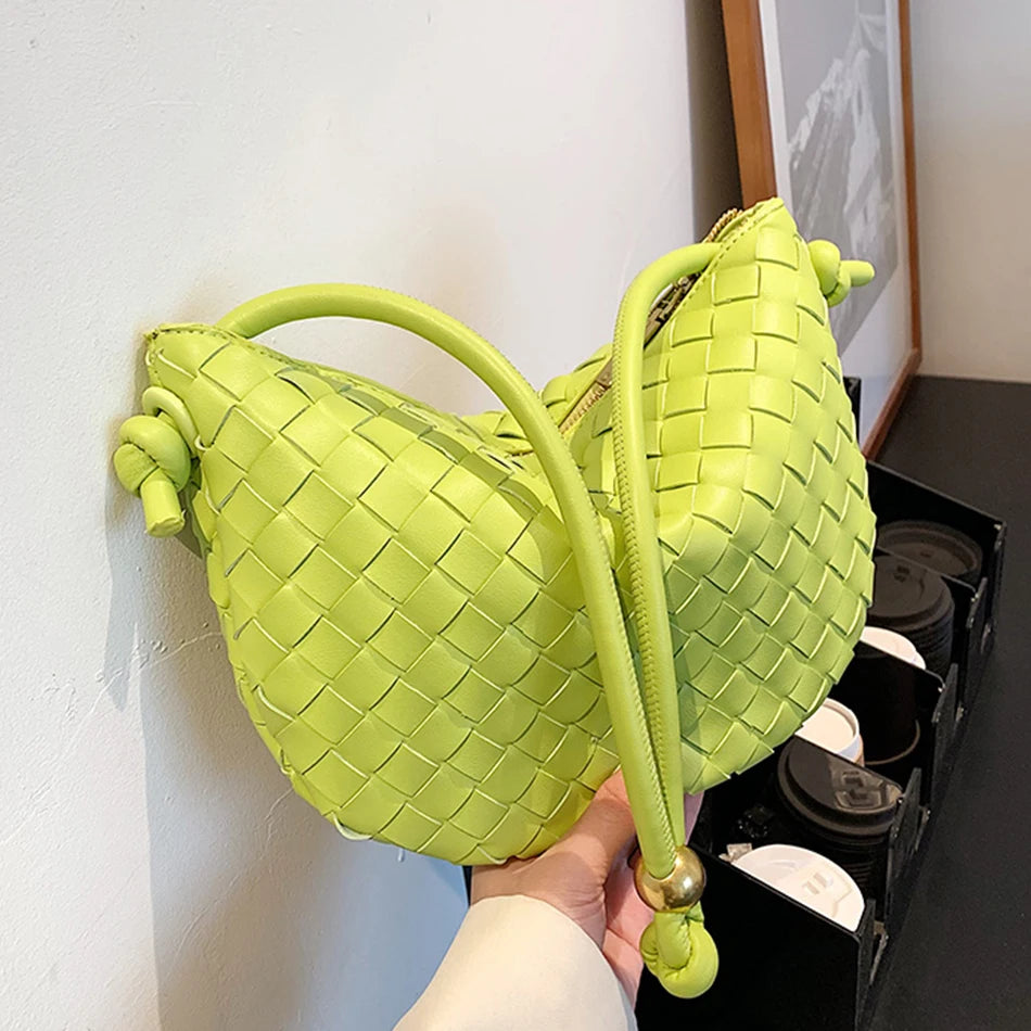 PU Leather Woven Shoulder Bag for Women Half Round Underarm Bag Wallets Handbag
