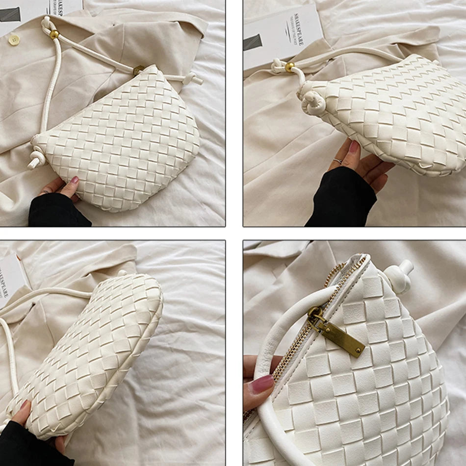 PU Leather Woven Shoulder Bag for Women Half Round Underarm Bag Wallets Handbag