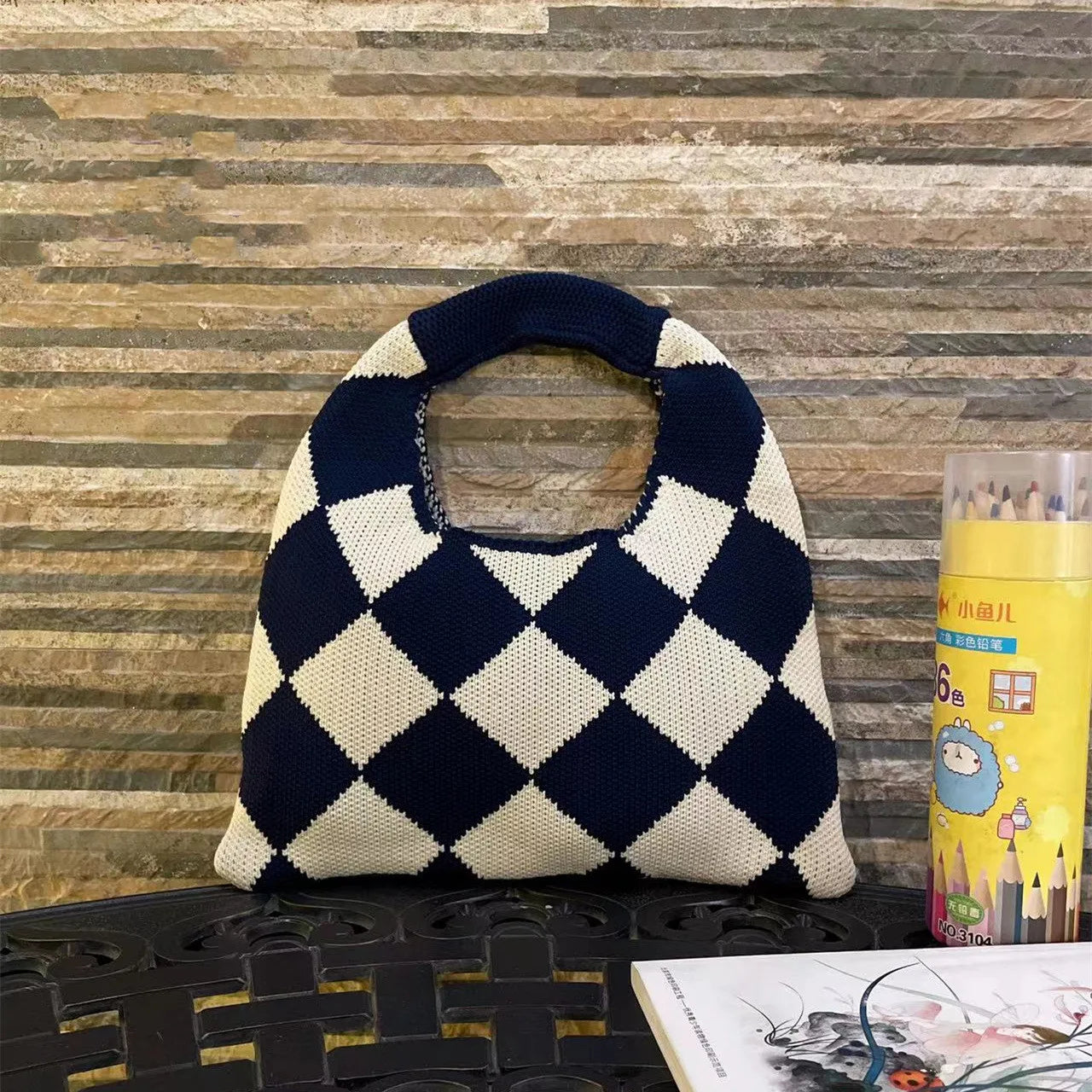 Plaid Knitting Women Shoulder Bag Hollow Out Tote Handbag