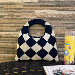 Plaid Knitting Women Shoulder Bag Hollow Out Tote Handbag