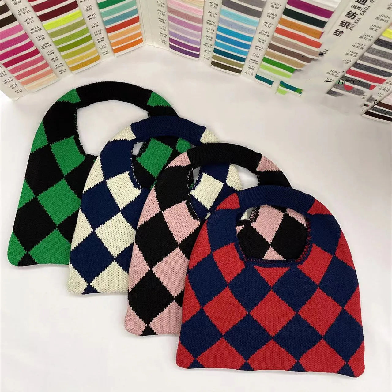 Plaid Knitting Women Shoulder Bag Hollow Out Tote Handbag