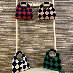 Plaid Knitting Women Shoulder Bag Hollow Out Tote Handbag
