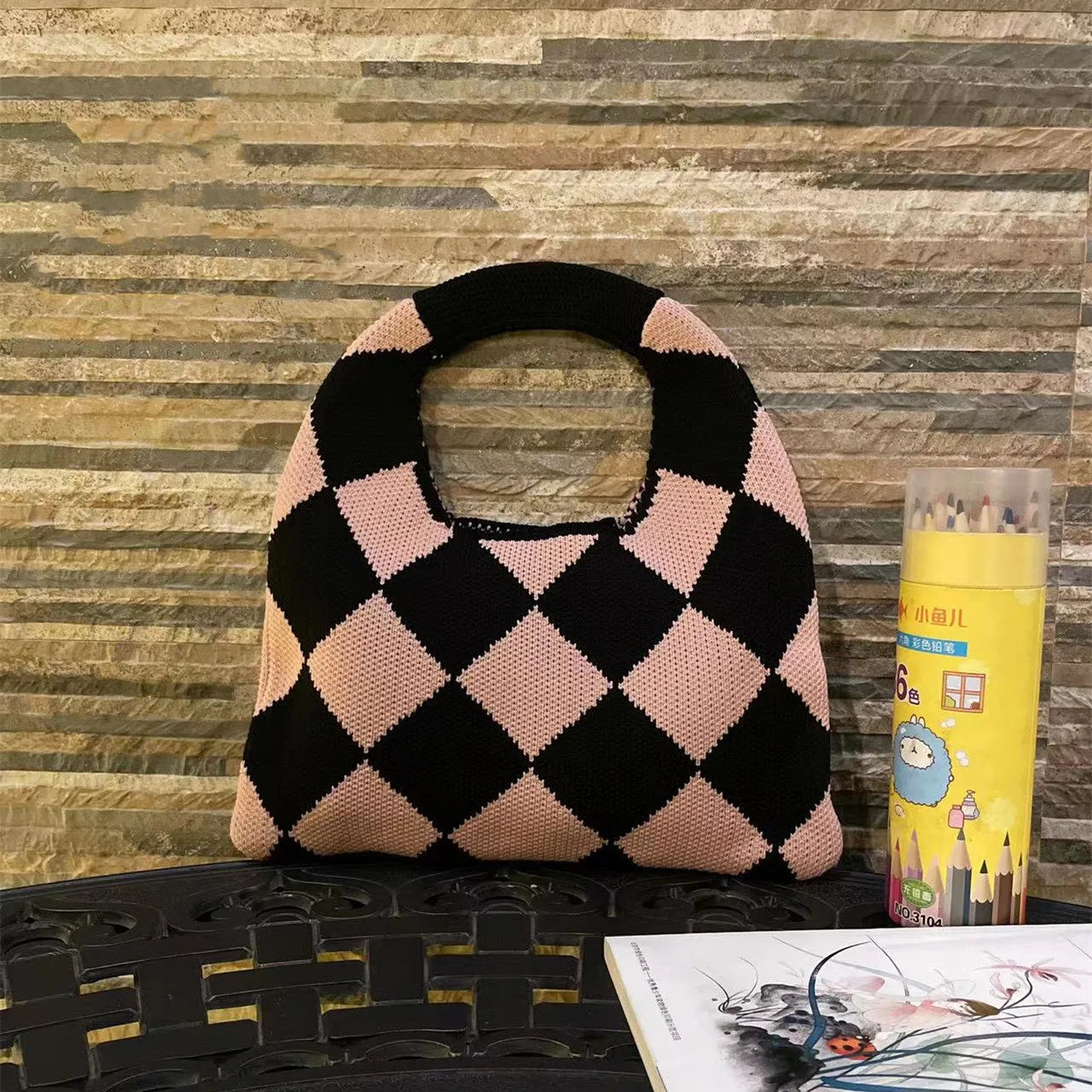 Plaid Knitting Women Shoulder Bag Hollow Out Tote Handbag
