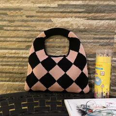 Plaid Knitting Women Shoulder Bag Hollow Out Tote Handbag