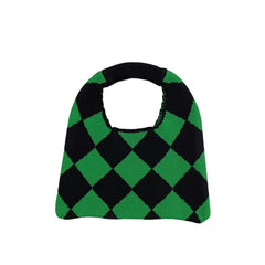 Plaid Knitting Women Shoulder Bag Hollow Out Tote Handbag