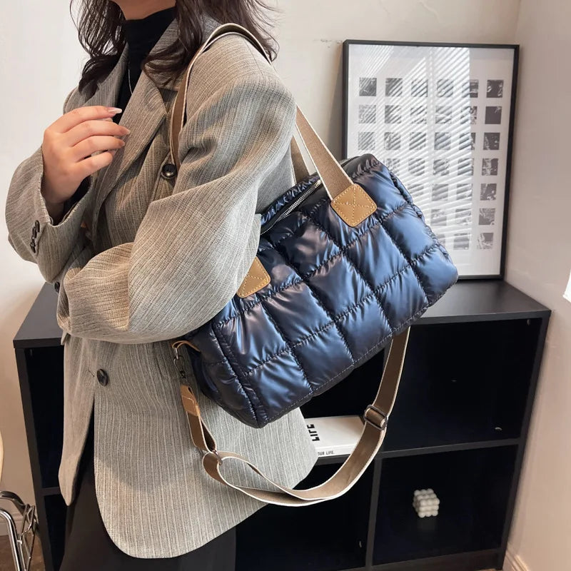 Plaid Shoulder Bag Space Cotton Handbag Women Large Capacity Contrast Tote Bags