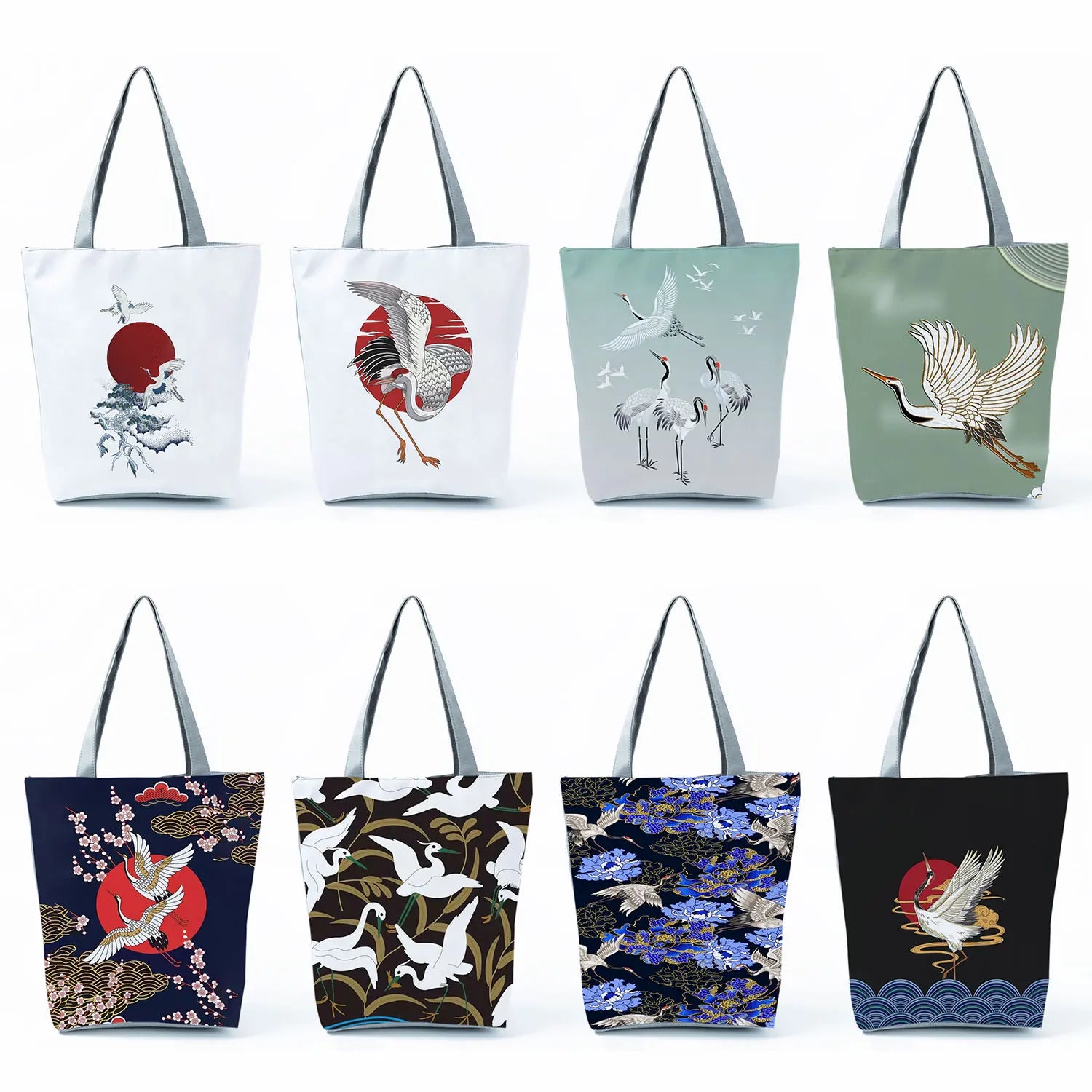 Portable Crane Bird Print Tote Bag High Capacity Eco Friendly Women Shoulder Bag