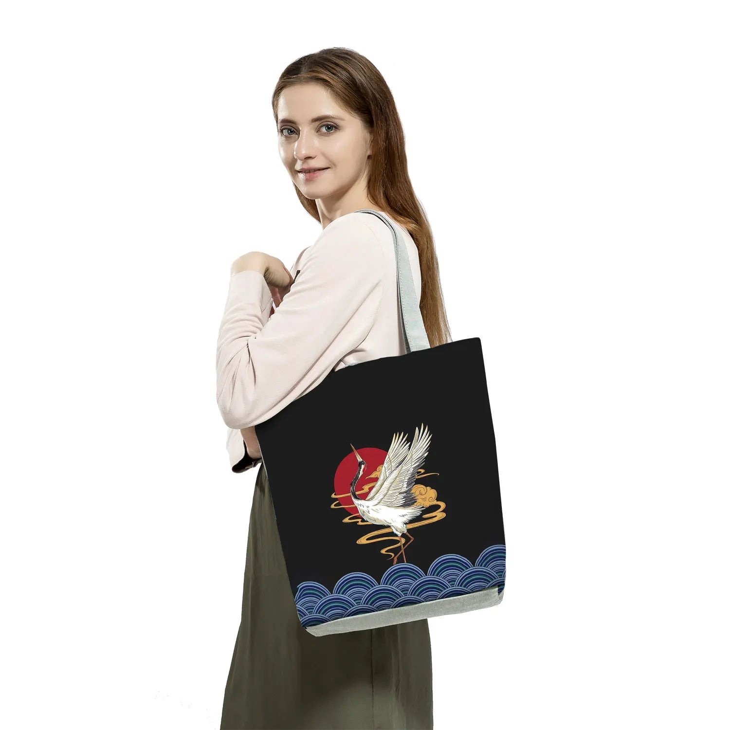 Portable Crane Bird Print Tote Bag High Capacity Eco Friendly Women Shoulder Bag