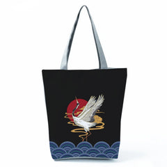 Portable Crane Bird Print Tote Bag High Capacity Eco Friendly Women Shoulder Bag