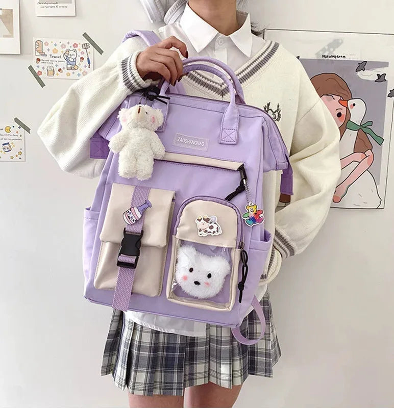 Preppy Purple Backpack Women Waterproof High School Bags