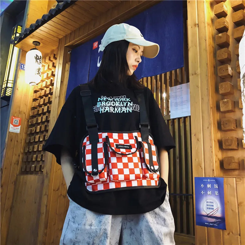 Plaid Techwear Vest Chest Bag Street Waist Backpack