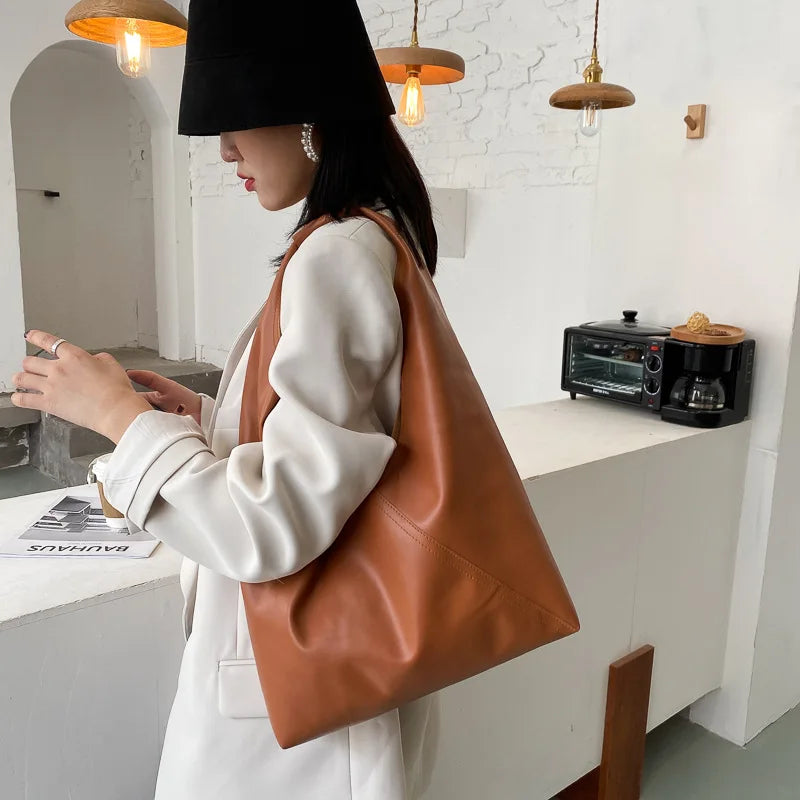 French Style Leather Shoulder Bag Large Capacity Tote Bag