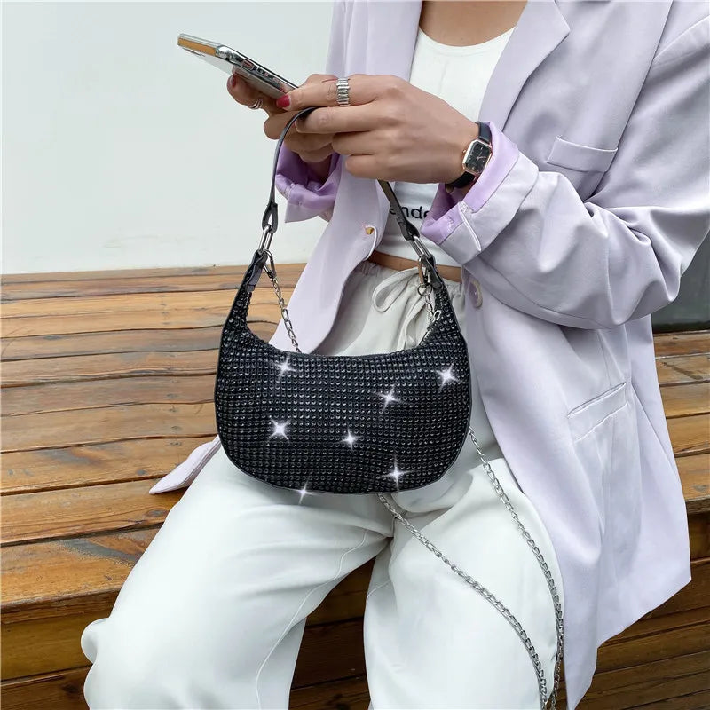 Rhinestone Chain Shoulder Underarm Bag Women Portable Diagonal Handbags