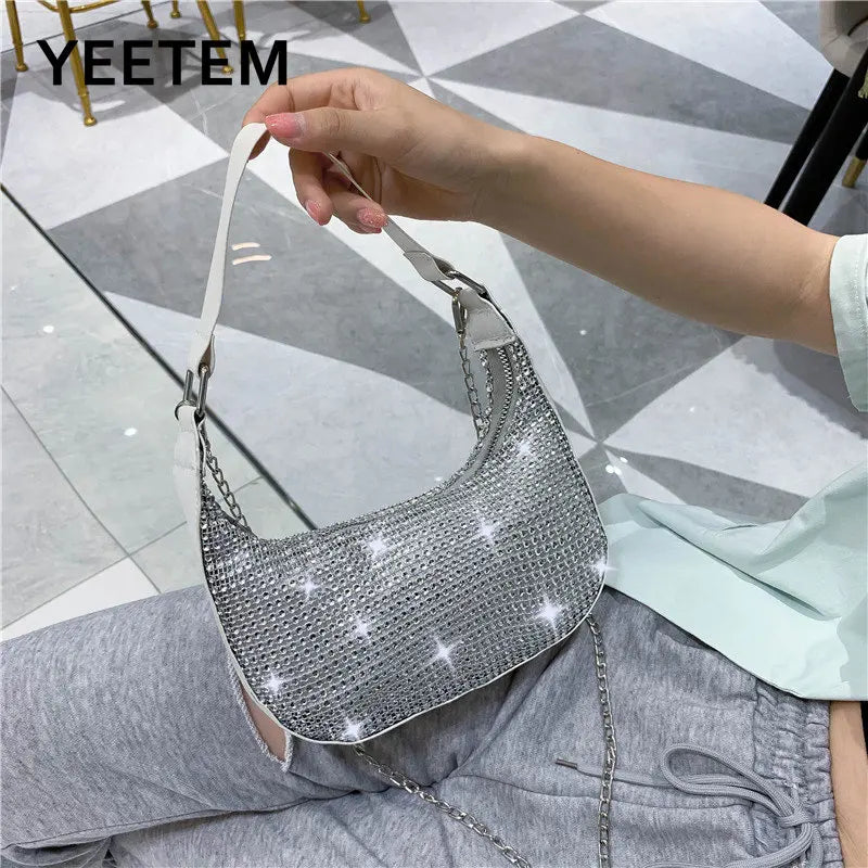 Rhinestone Chain Shoulder Underarm Bag Women Portable Diagonal Handbags