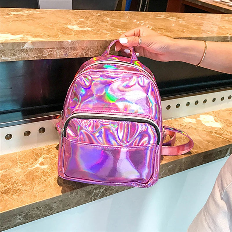 Silver Pink Laser Backpack PU Leather Multifunction Women Girls Bag