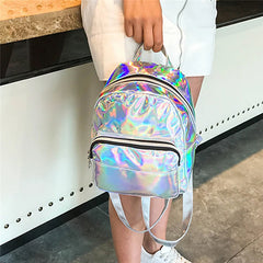 Silver Pink Laser Backpack PU Leather Multifunction Women Girls Bag