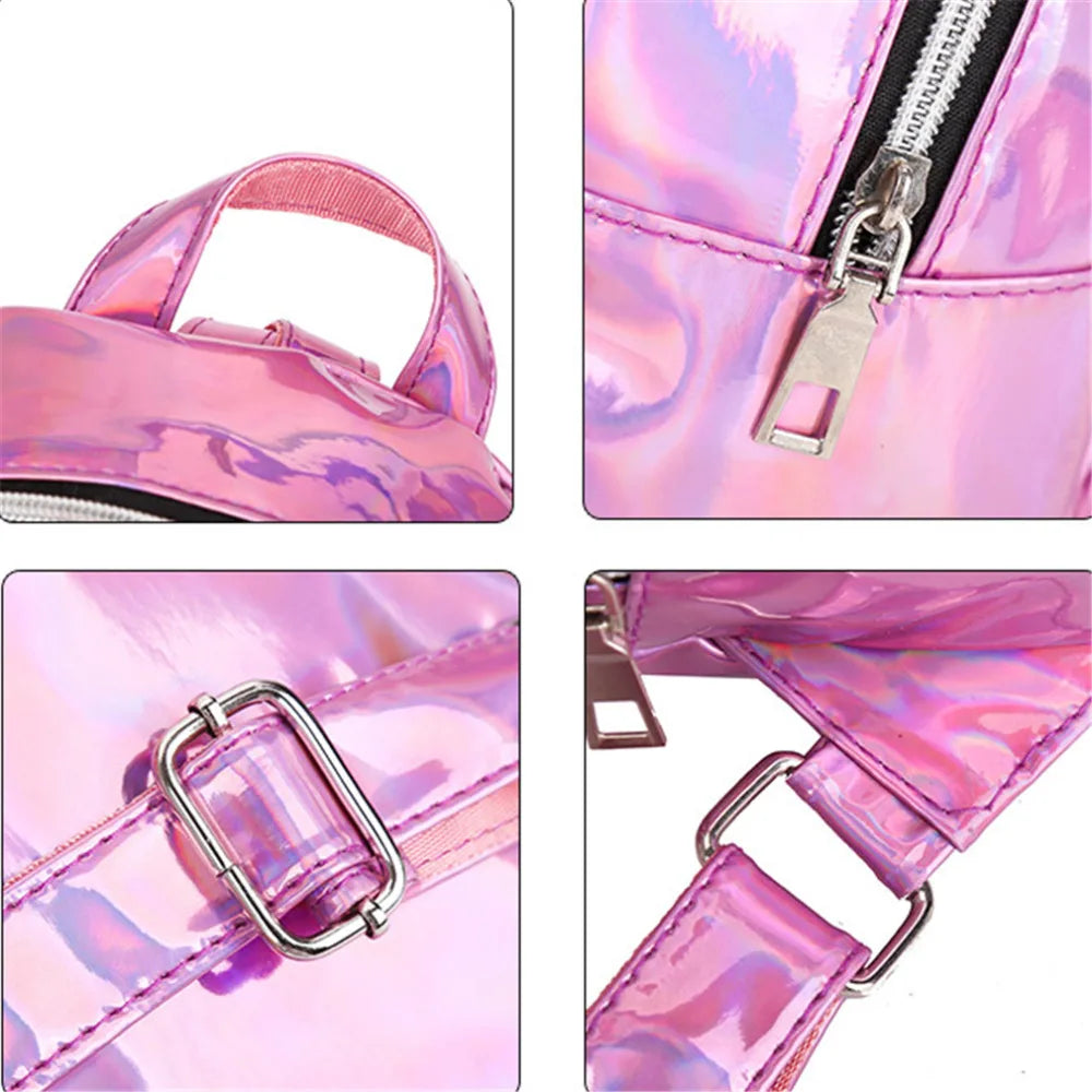 Silver Pink Laser Backpack PU Leather Multifunction Women Girls Bag