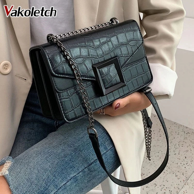 Stone Pattern PU Leather Crossbody Bag Chain Handbag for Women