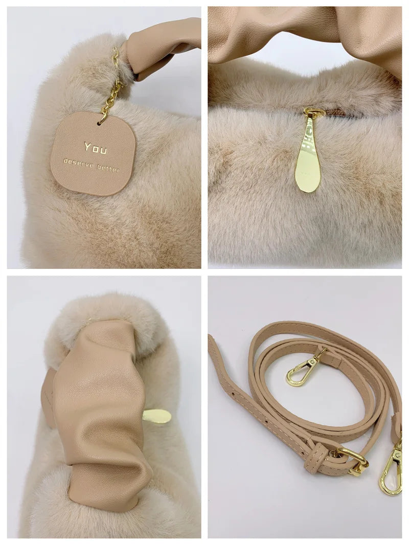 Women's Soft Faux Fur Bag with Pu Leather Handle