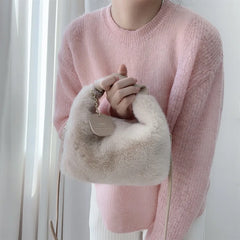 Women's Soft Faux Fur Bag with Pu Leather Handle