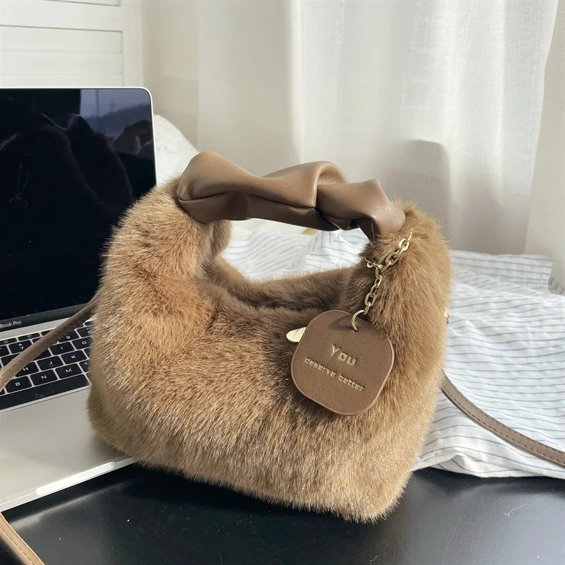 Women's Soft Faux Fur Bag with Pu Leather Handle