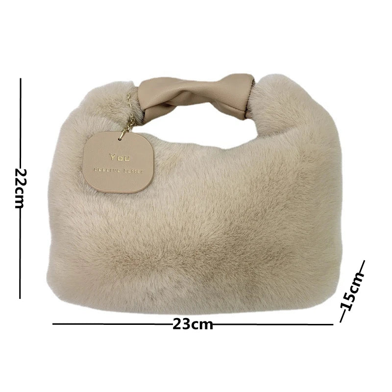 Women's Soft Faux Fur Bag with Pu Leather Handle