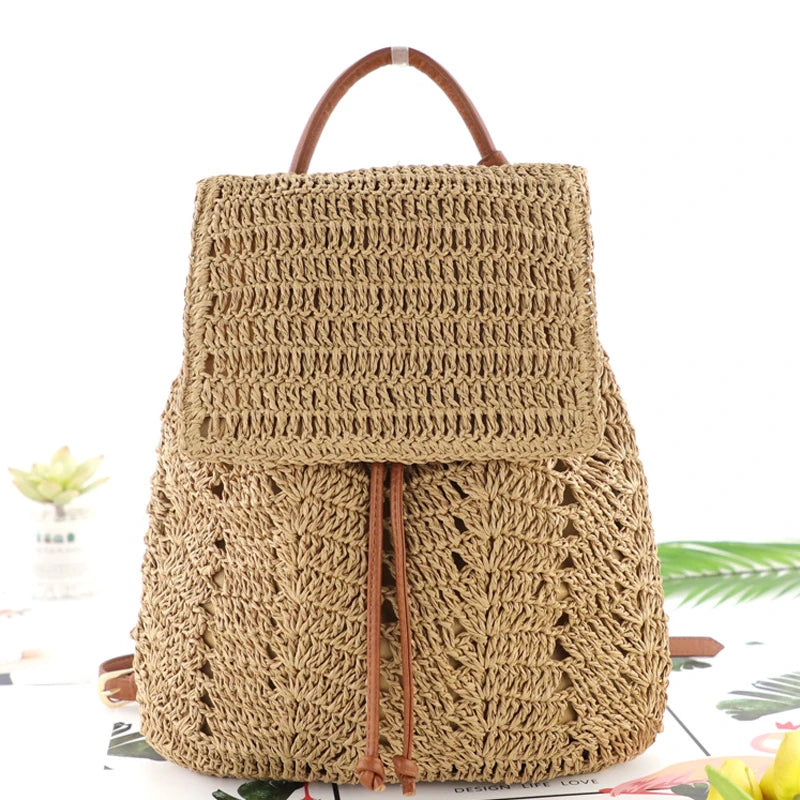 Hollow Woven Straw Backpack Drawstring Shoulder Bag