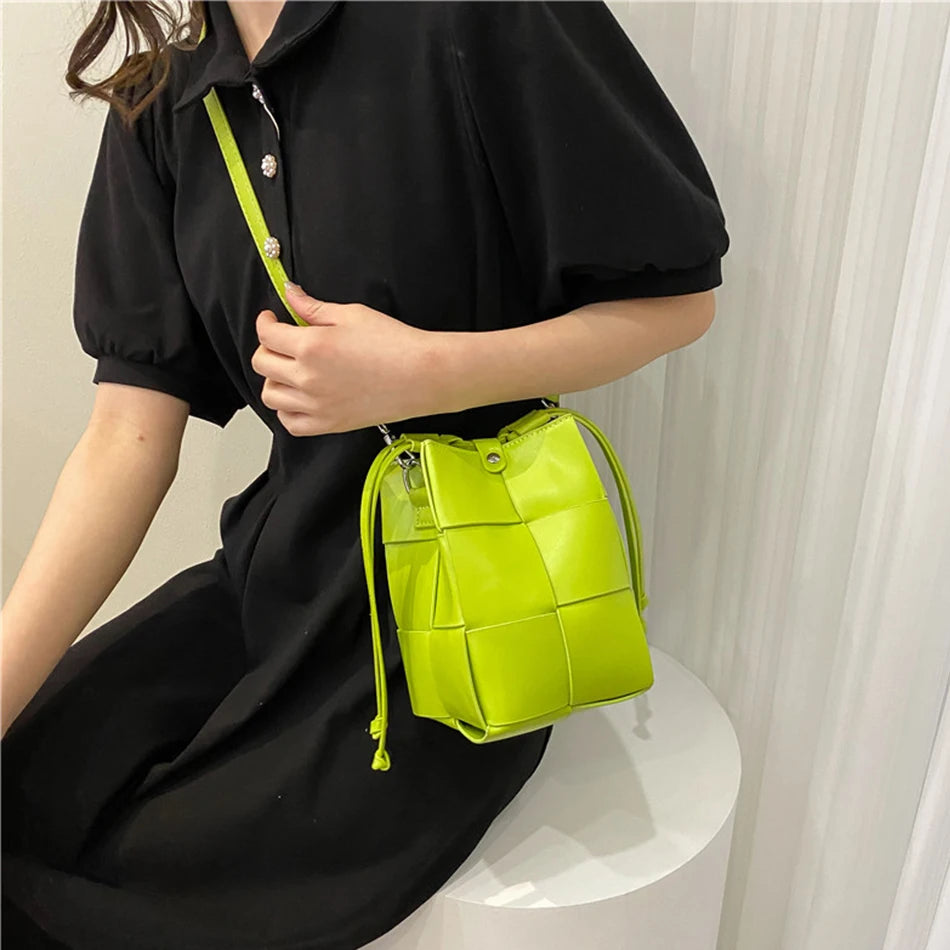 Summer Braided PU Leather Shoulder Bag Small Bucket Tote Crossbody
