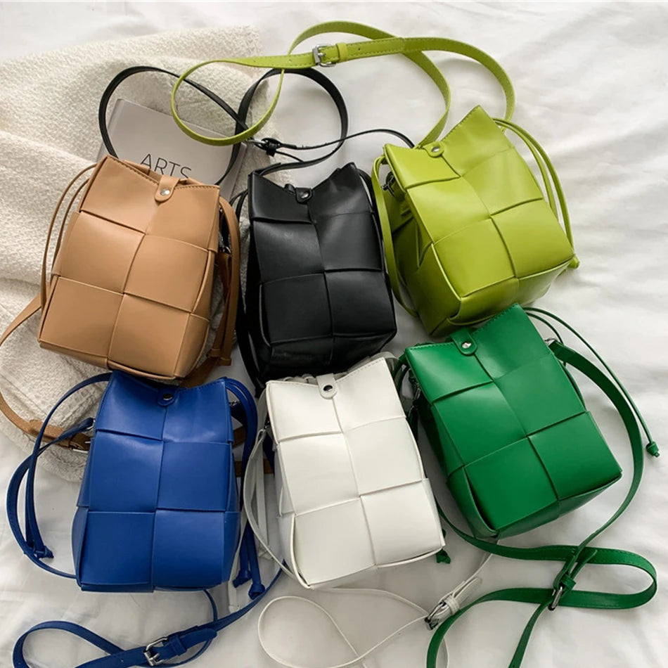 Summer Braided PU Leather Shoulder Bag Small Bucket Tote Crossbody