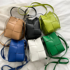 Summer Braided PU Leather Shoulder Bag Small Bucket Tote Crossbody