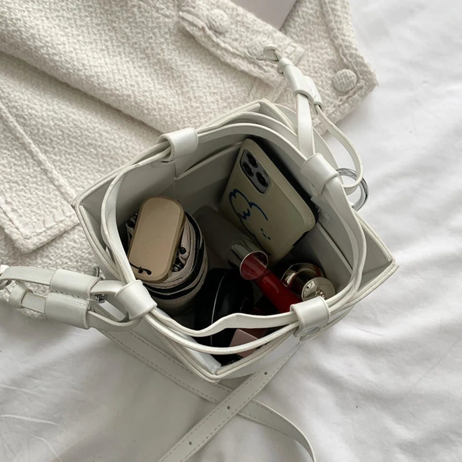 Summer Braided PU Leather Shoulder Bag Small Bucket Tote Crossbody
