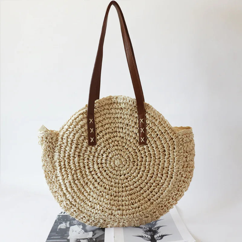 Summer Straw Shoulder Bag Circular Beach Bags Woven Handle Casual Totes