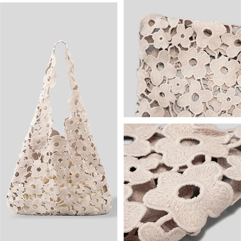 Summer Hollow Cotton Linen Women's Bag High Flower Woven Handbag