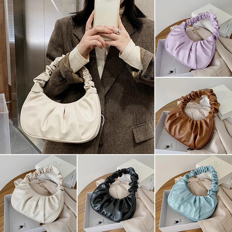 Summer Pleated Handlebags Women PU Cloud Bags