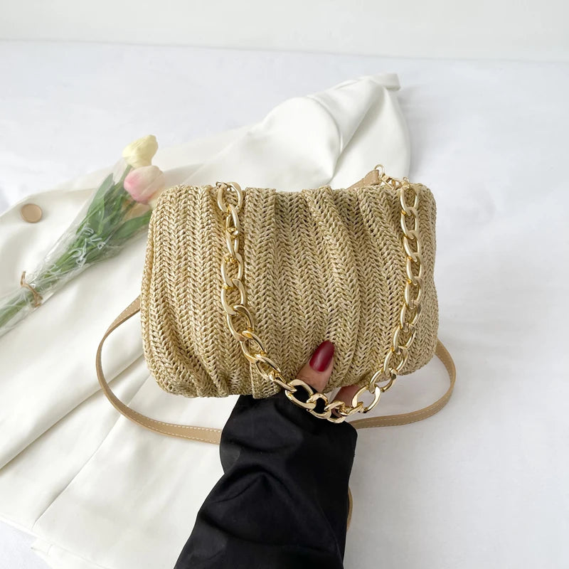 Summer Shopper Bag Straw Bag Pleated Handbag Women Woven Shoulder Bag Purse