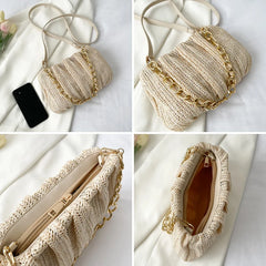 Summer Shopper Bag Straw Bag Pleated Handbag Women Woven Shoulder Bag Purse