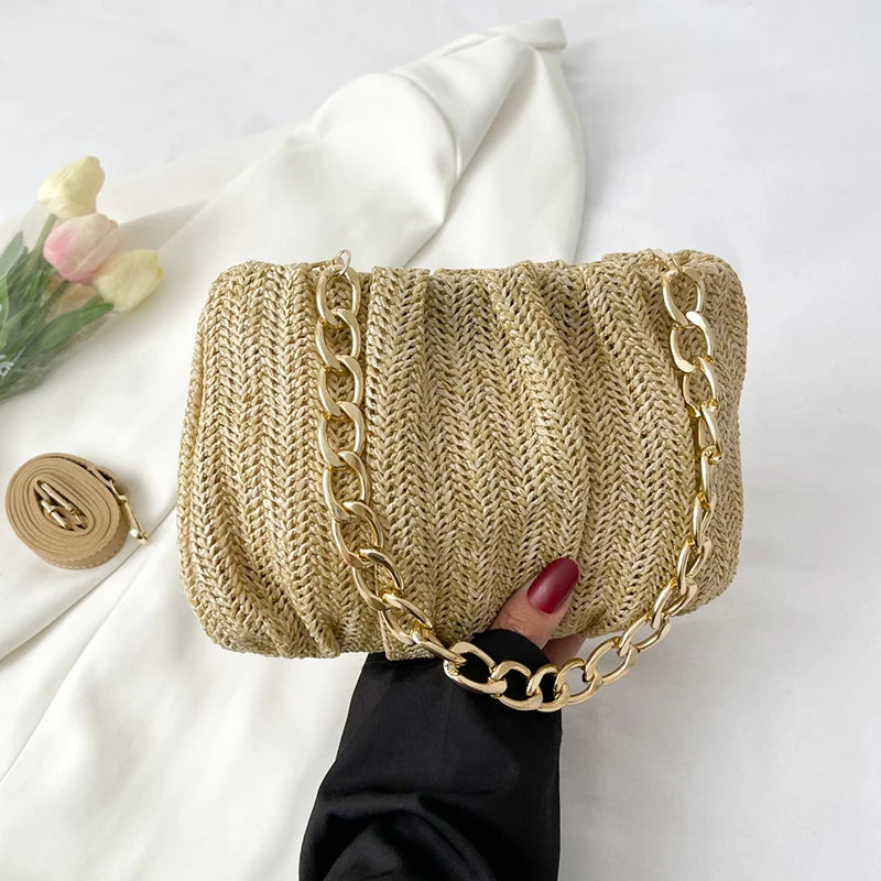 Summer Shopper Bag Straw Bag Pleated Handbag Women Woven Shoulder Bag Purse