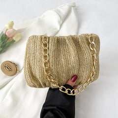 Summer Shopper Bag Straw Bag Pleated Handbag Women Woven Shoulder Bag Purse