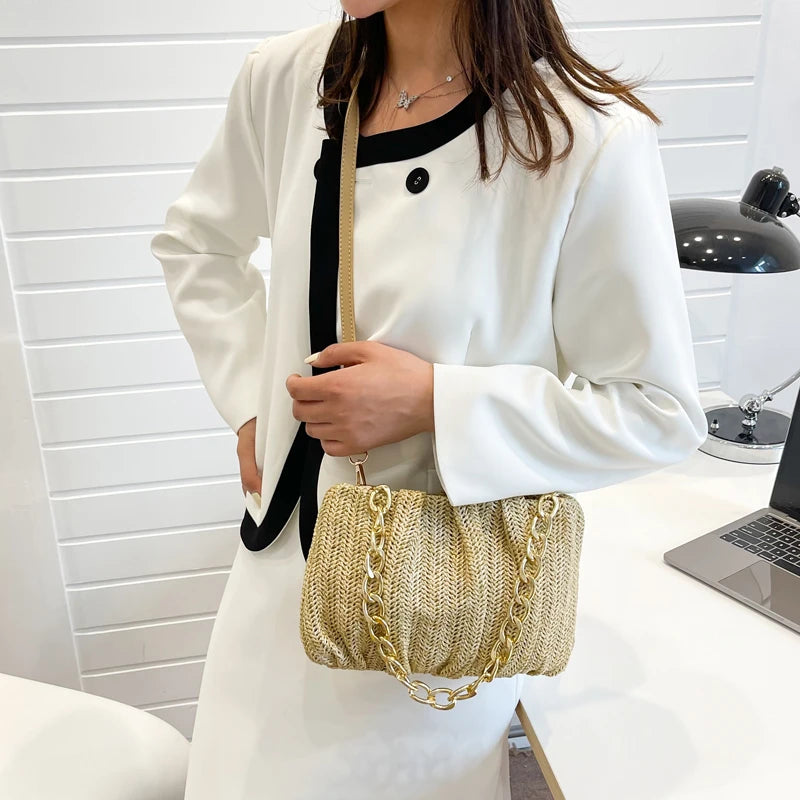 Summer Shopper Bag Straw Bag Pleated Handbag Women Woven Shoulder Bag Purse