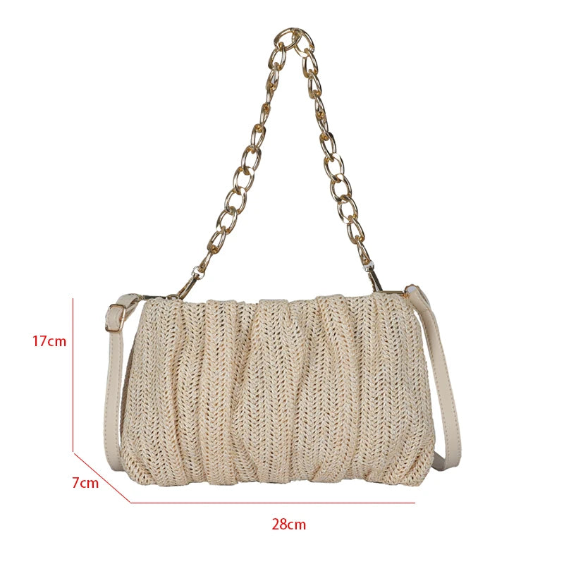 Summer Shopper Bag Straw Bag Pleated Handbag Women Woven Shoulder Bag Purse