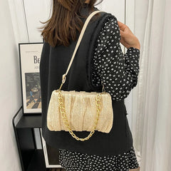 Summer Shopper Bag Straw Bag Pleated Handbag Women Woven Shoulder Bag Purse