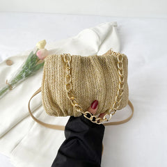 Summer Shopper Bag Straw Bag Pleated Handbag Women Woven Shoulder Bag Purse