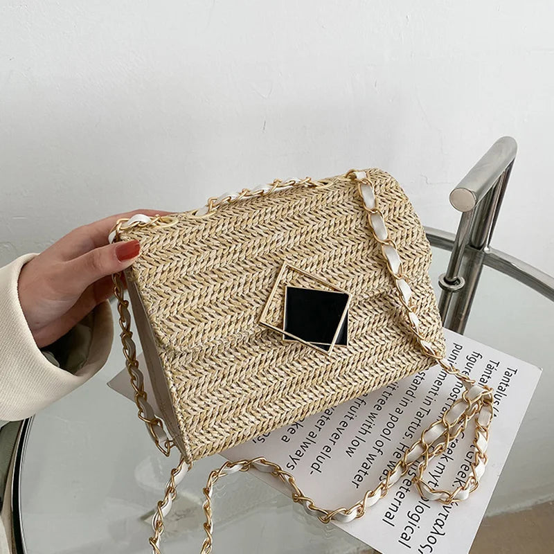 Straw Shoulder Bag Crossbody Chain Handbag for Women Casual Vacation
