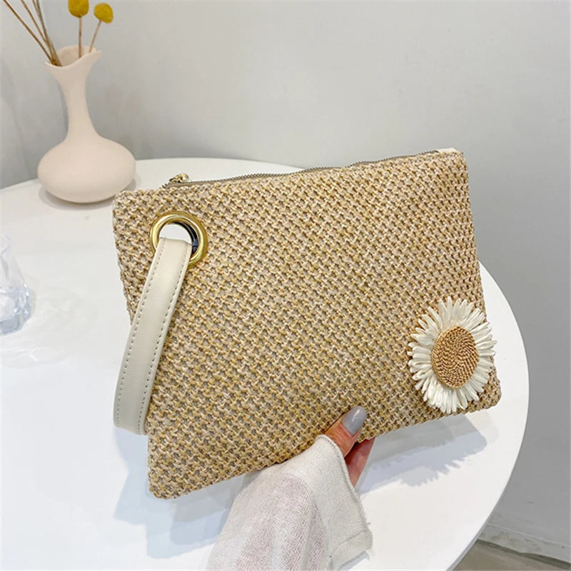 Summer Straw Wristlet Clutch Beach Envelope Bag Retro Knitted Hand Bags