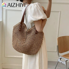 Summer Women Straw Top-Hand Bag Casual Woven Shoulder Travel Beach Hollow