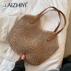 Summer Women Straw Top-Hand Bag Casual Woven Shoulder Travel Beach Hollow