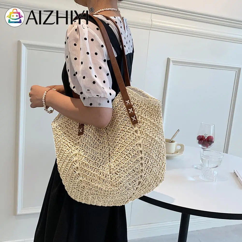 Summer Women Straw Top-Hand Bag Casual Woven Shoulder Travel Beach Hollow