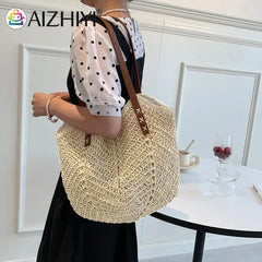 Summer Women Straw Top-Hand Bag Casual Woven Shoulder Travel Beach Hollow