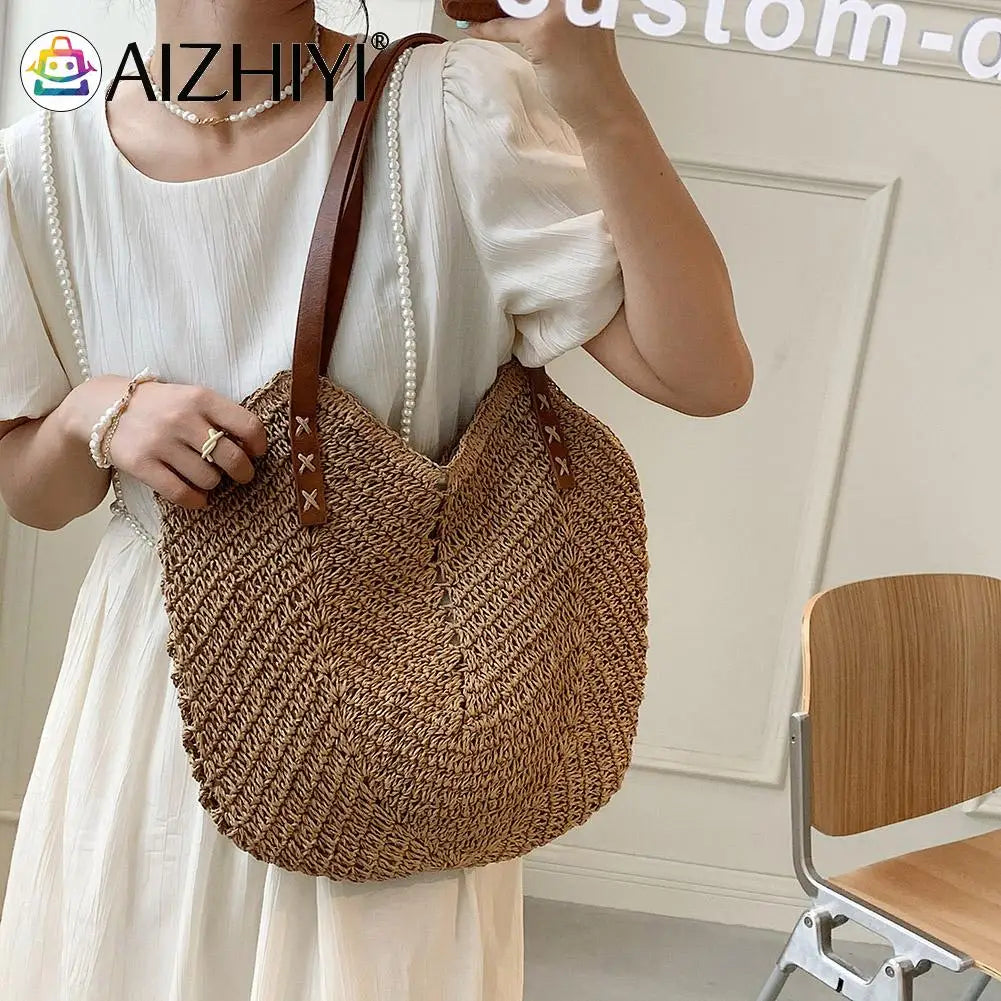Summer Women Straw Top-Hand Bag Casual Woven Shoulder Travel Beach Hollow