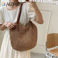 Summer Women Straw Top-Hand Bag Casual Woven Shoulder Travel Beach Hollow